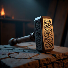 Ornate Hammer Rests on Stone Anvil in a Dark Workshop