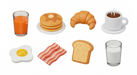 Group of 3D model icons of commonly consumed breakfast food itens. Isolated on white background.