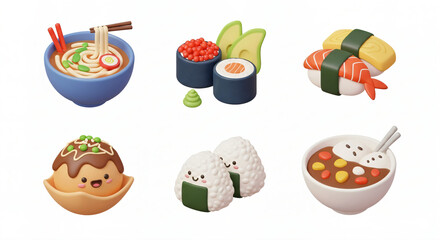3d model flat icons of japanese typical cuisine. Set against isolated white background.