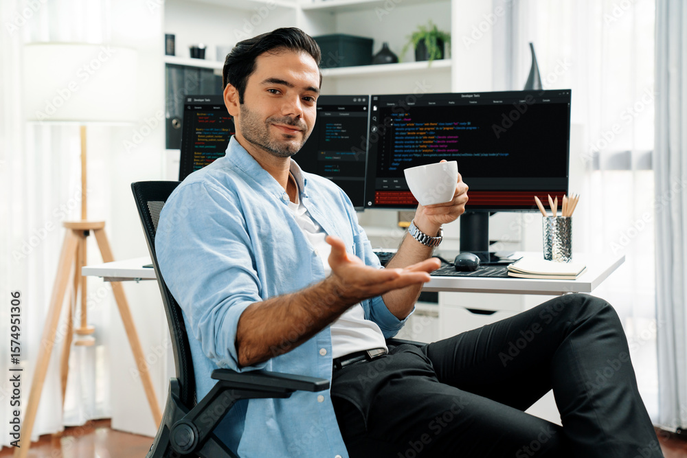 Poster profile's smart it developer looking camera to pose holding coffee cup against on software developme