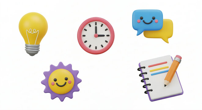Collection of 3D model cartoonish icons with cute roundish appearence representing productivity and learning, isolated against white background.
