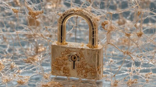 Golden Padlock Enveloped by Delicate Invisible Strings Captivating Visual of Security, Mystery, and Entrapment in Intricate Detail
