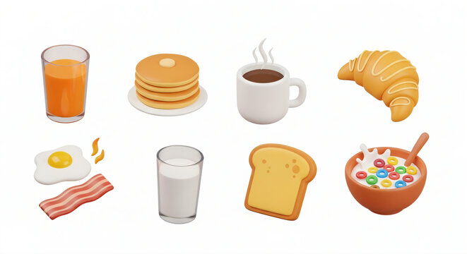 3D model icons set of commonly consumed breakfast food itens. Isolated on white background.