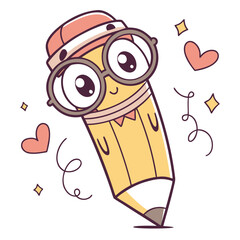 A cute cartoon pencil wearing glasses