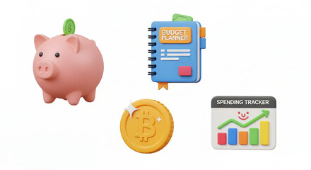 Set of 3D model icons representing finance organization, crypto investments and monthly expenses against white background.