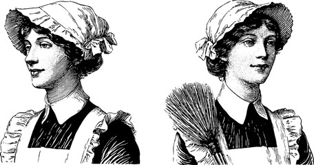 Vintage maid portrait set with cap and feather duster for retro design themes