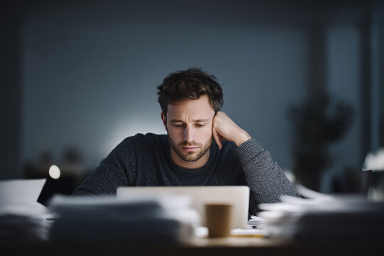Stressed man works late at night on laptop. Fatigue and burnout. Overworked professional. Depression, loneliness, despair. Deadline. Use for articles, ads, blogs.