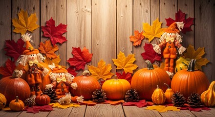 Autumn Harvest Pumpkins Fall Leaves and Scarecrow Decor