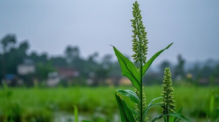 Green plant spikes in a rural landscape.