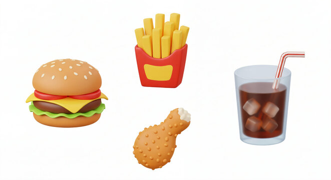 3D model icons set of fast food itens, such as soda, burger, chicken nuggets and french fries. Plain white background, high quality composition.