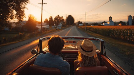 Convertible adventure: a young couple embracing freedom and serenity on an unforgettable countryside road trip under golden sunset