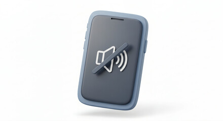 Simple 3D model smartphone with a muted volume icon displayed on its screen. The icon shows a speaker with a slash through it, indicating that the sound is turned off or muted.
