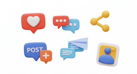 Flat icons of typical social media online interactions. Cute style, roundish shape. Set against white background.
