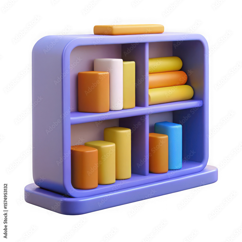 Aufkleber Stylized 3d render of a purple bookshelf with colorful abstract objects isolated on transparent background