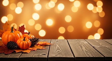 Autumn Harvest Rustic Wooden Table with Pumpkins Pinecones and Fall Leaves  Thanksgiving Background