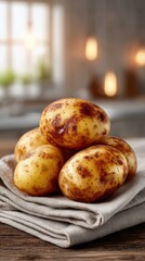 Fresh goldenbrown potatoes on rustic wooden surface