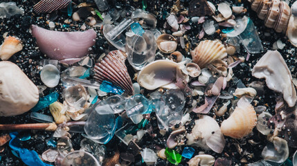 Top view of micro-plastics among seashells
