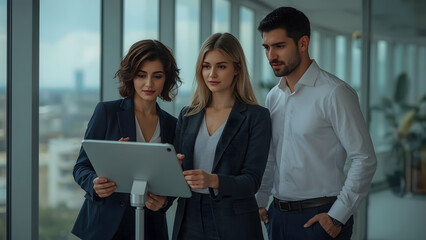 A group of three diverse business professionals, two women and one man, standing in a modern office setting, surrounded by floor-to-ceiling windows with a blurred cityscape view, are intensely focused