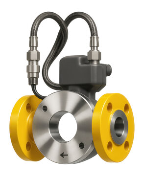 Differential pressure flowmeter with a metal orifice plate and dual pressure taps for a gas pipeline system.