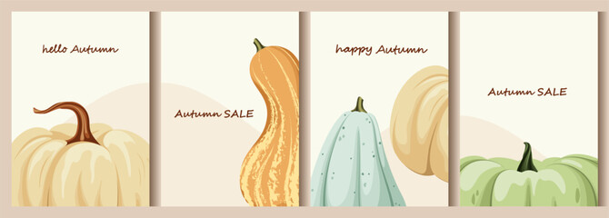 Set of autumn backgrounds with pumpkins. Poster or cover in soft colors. Vector for flyers, postcards, design, social media, and advertising.
