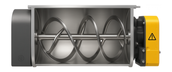 Industrial ribbon blender with a horizontal U-shaped trough and dual helical agitators for mixing powders in a chemical processing facility