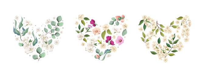 A set of flower hearts on a white background. Decor elements. Vector.