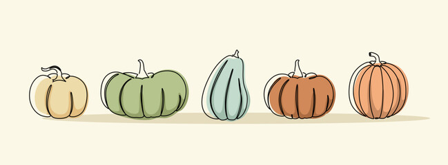 A set of simple autumn pumpkins. The pumpkins are drawn in the lineart style. Autumn themes, Halloween decorations, and Thanksgiving decorations. Vector illustration