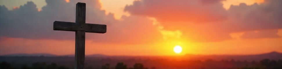 Fototapeta premium A rustic wooden cross stands against a blurred sunset, conveying serenity and the enduring power of Christian love , christianity, forgiveness