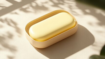 Light yellow bar of soap in a beige container.