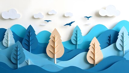 Paper art landscape background with trees birds and clouds for graphic design use