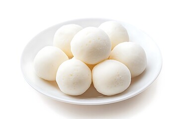 Several round white frozen dessert balls or scoops of ice cream arranged on a clean white plate against a white background