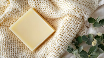 Square bar of soap resting on a knitted fabric.