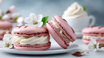 Delicate pink macarons with cream filling and sakura flowers, creating a spring and festive mood. Ideal for confectionery and beauty brands. - Powered by Adobe