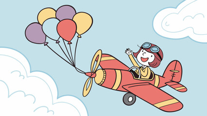 Cartoon girl flying airplane with balloons aviation adventure vector illustration design for kids and children