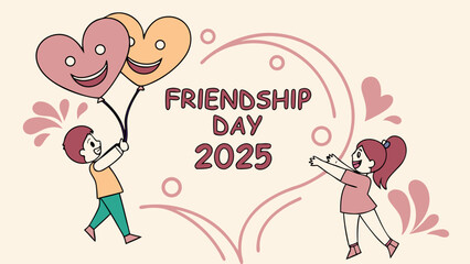 Happy friendship day celebrate with friends and heart balloons in year two thousand twenty five event