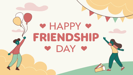 Happy friendship day greeting card with friends balloons and hearts vector illustration design template