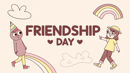 Happy friendship day cartoon illustration of friends celebrating with rainbow and party hats vector art