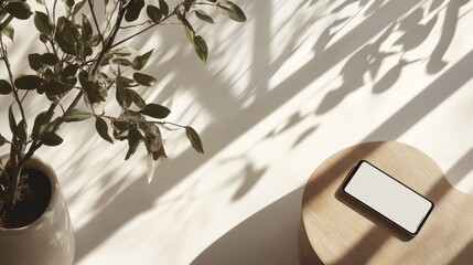Sunlight dappled shadows on a plant and a wooden table with a phone.