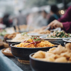 Authentic street food scene colorful bowls of fresh prepared meals. Represents culture, travel, and culinary experiences. Perfect for food blogs, tourism ads.