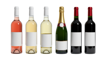Six distinct full, sealed glass bottles of rose, white, and red wine with sparkling champagne, immaculately clean, neatly arranged in a horizontal row on a transparent seamless background with ample