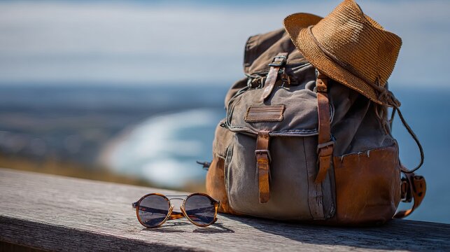 Travel backpack and hat with ocean view, perfect adventure essentials and sunglasses, summer vibes and wanderlust spirit.