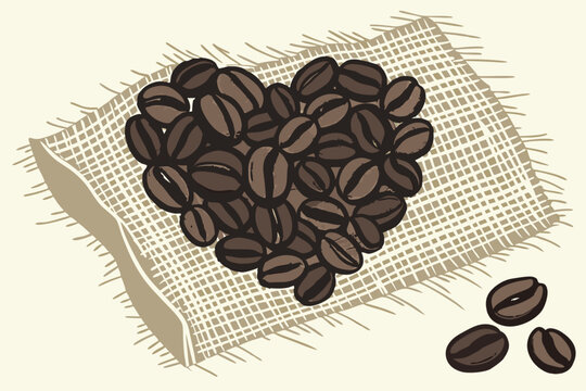 Coffee beans forming a heart shape on a burlap background