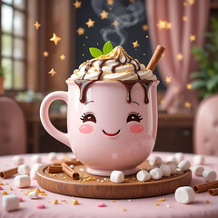 Cute Cartoon Hot Chocolate Mug with Whipped Cream and Cinnamon Sticks