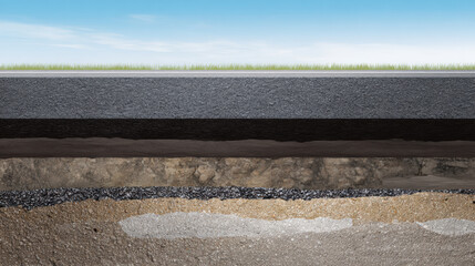 Cross-section view of asphalt road layers showing underground infrastructure with grass surface above. Educational diagram of pavement construction, civil engineering concept, road building materials 