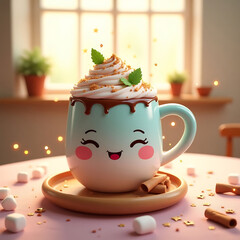 Cute Cartoon Hot Chocolate Mug with Whipped Cream and Cinnamon Sticks