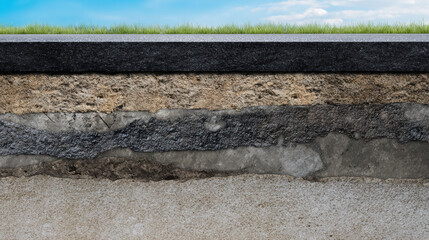 Cross-section view of asphalt road layers showing underground infrastructure with grass surface above. Educational diagram of pavement construction, civil engineering concept, road building materials 