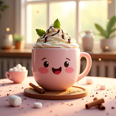 Cute Cartoon Hot Chocolate Mug with Whipped Cream and Cinnamon Sticks
