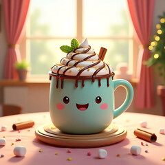 Cute Cartoon Hot Chocolate Mug with Whipped Cream and Cinnamon Sticks