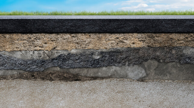 Cross-section view of asphalt road layers showing underground infrastructure with grass surface above. Educational diagram of pavement construction, civil engineering concept, road building materials 