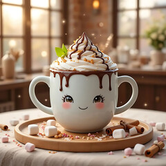 Cute Cartoon Hot Chocolate Mug with Whipped Cream and Cinnamon Sticks